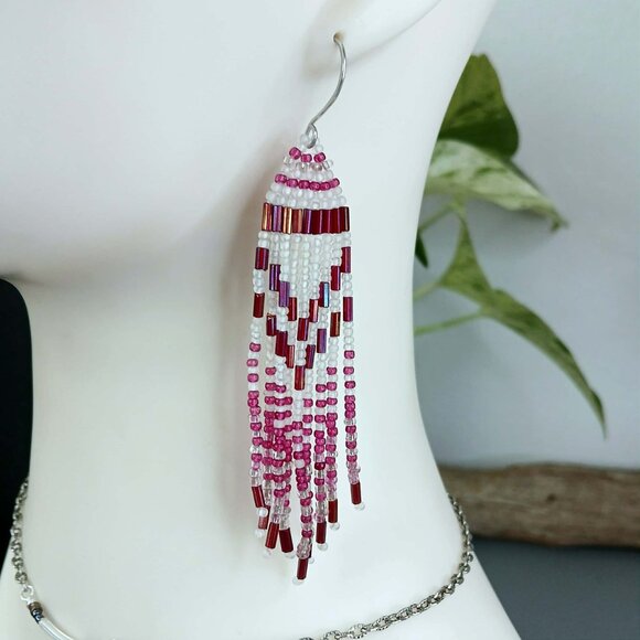 Boho Chic Beaded Fringe Cascade Dangle Earrings, Plum & White, 4" - Picture 1 of 8